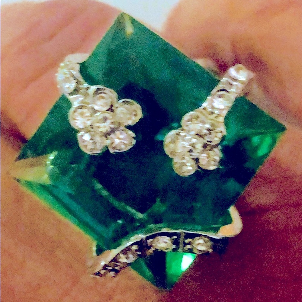 Emerald, silver , rhinestone, cocktail ring